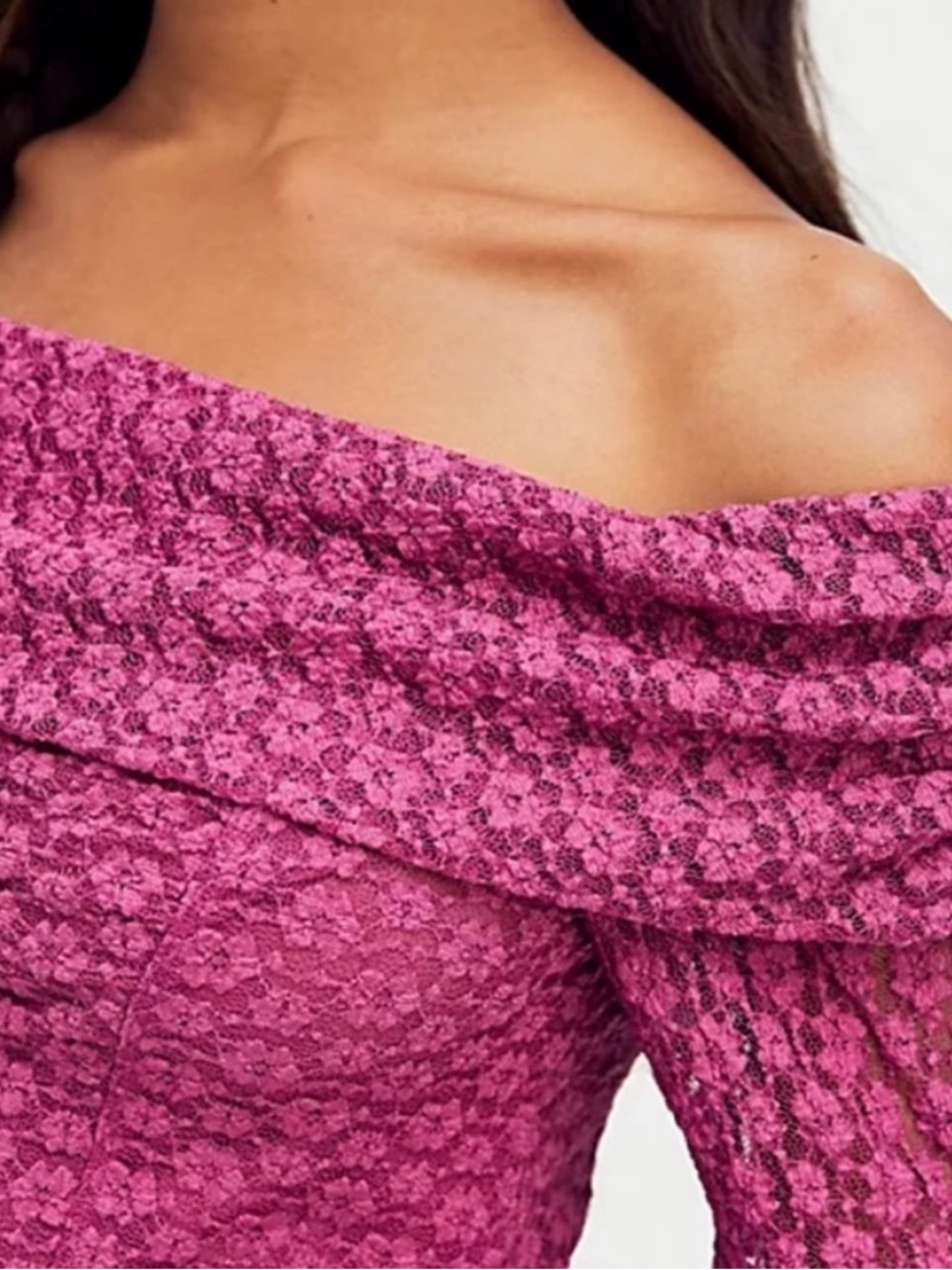 FREE PEOPLE LOLA OFF-SHOULDER LACE CROPPED BELL SLEEVE TOP BURGUNDY SZ L - Picture 4 of 13